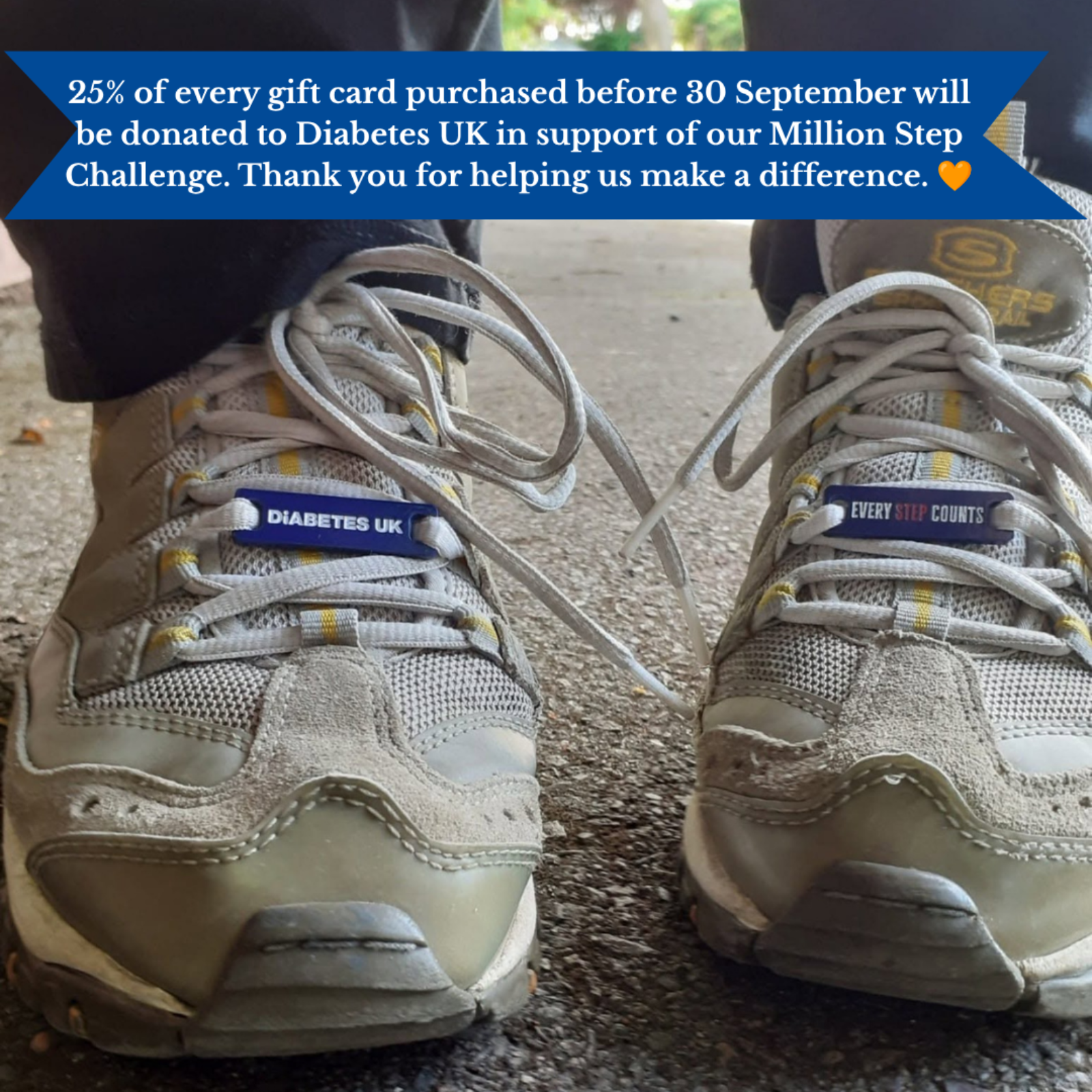 A close-up of a person's feet wearing a pair of dirty, worn-out Skechers sneakers with Diabetes UK laces, standing on asphalt. A blue promotional banner is overlaid at the top.